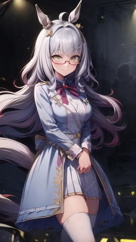 <lora:add_detail:0.8>,
(8k, masterpiece, best quality, high resolution, super fine illustration:1.2), (beautiful detailed eyes:1.2), 1girl, solo,
<lora:hayahide_locon_v01:1> hayahide,
(semi-rimless eyewear, under-rim eyewear, red-framed eyewear:1.1),
(berry long hair:1.1), (silver hair:1.1), (yellow eyes:1.1), (horse ears:1.1), (gold ear ornament:1.1), (horse tail:1.1),
(Snowy_Integrity), long sleeves, bow, bow tie, white thighhighs, dress, white jacket, white skirt, pleated skirt, looking at viewer, smile, breasts, (on stage, stage light, spot light:1.2),
<lora:Snowy_Integrity:0.8>