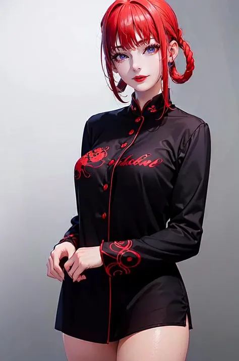 <lora:kung fu v1.0:0.7> jyojifuku, no pants, thighs,, absurdres, ultra detailed, masterpiece, best quality, aesthetic, detailed,, solo, seductive smile, red lips,
1girl, purple eyes, red hair, blunt bangs, large breasts, <lora:hair_rings:1> low hair rings, <lora:EllaNyan:1>,