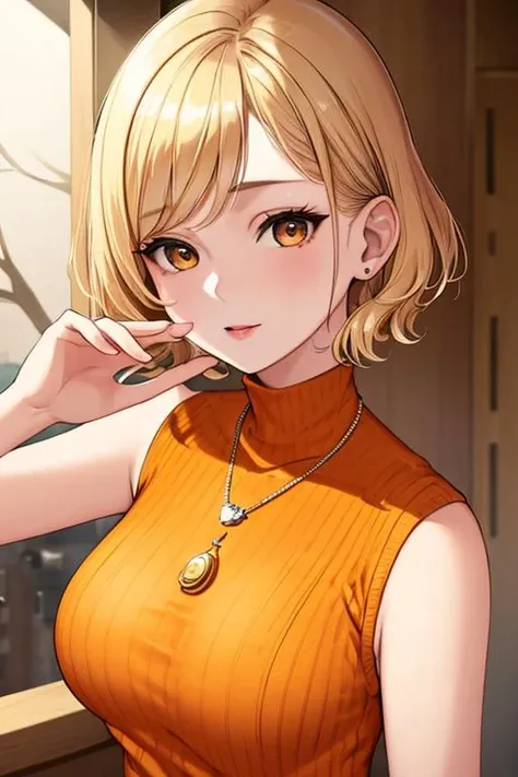 <lora:EllaNyan:0.8> ellanyan,short hair, (blond hair:1.2), wearing an orange sleeveless sweater, turtleneck, wearing a bird pendant, best quality,high resolution,extremely detailed CG,
looking at viewer,<lora:epi_noiseoffset2:0.5> <lora:royta v1.1:0.5> ,