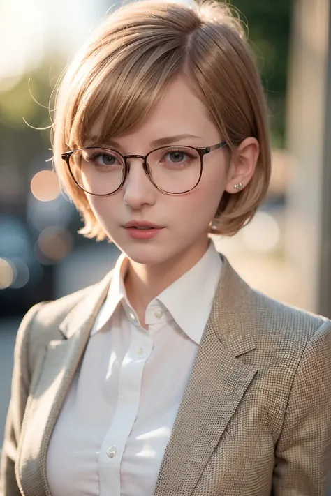 A woman with glasses and a suit is standing on the street - SeaArt AI