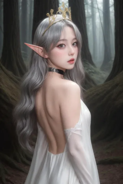 1girl, high quality,  looking at viewer,  in forest, cowboy shot, white lace gown, , shiny skin, elf_ears, silver hair, gold trim, mini crown, elbow gloves, choker, looking back,  backless, pantyhose, 
<lora:ip-adapter-faceid-plusv2_sd15_lora:0.64>  <lora:add_detail:1>   <lora:Lizzynam_v1:0.53>