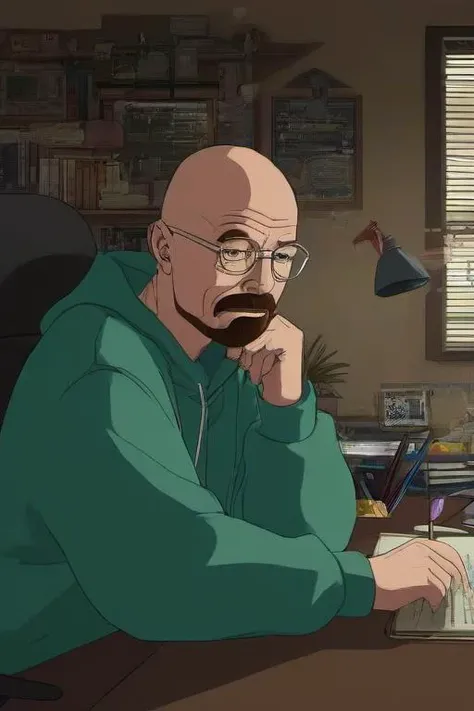 <lora:PE_LofiHipHop:0.8> PELofiHipHop,sitting at desk,
walter white breaking bad