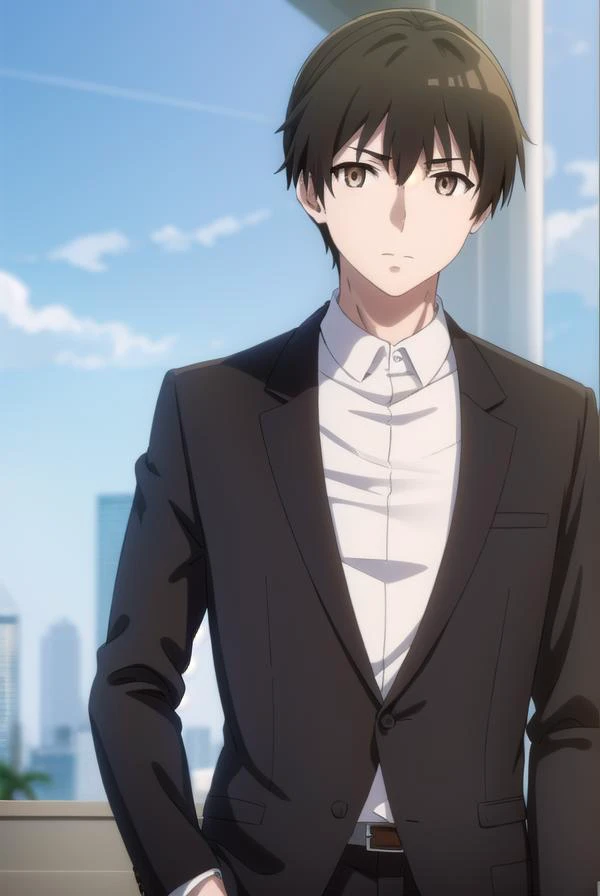 kimihikokimizuka, <lora:kimihiko kimizuka s1-lora-nochekaiser:1>,
kimihiko kimizuka, short hair, brown hair, black hair, (brown eyes:1.5), male focus,
BREAK shirt, jacket, white shirt, collared shirt, belt, pants, black jacket, black pants, formal, suit,
BREAK outdoors,
BREAK looking at viewer, dynamic pose, cowboy shot,
BREAK <lyco:GoodHands-beta2:1>, (masterpiece:1.2), best quality, high resolution, unity 8k wallpaper, (illustration:0.8), (beautiful detailed eyes:1.6), extremely detailed face, perfect lighting, extremely detailed CG, (perfect hands, perfect anatomy),