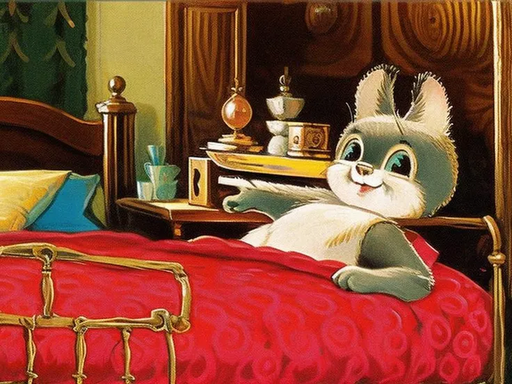 portrait of girl-cat in the bed, (posing:1.2), looking at the camera,  (Style_zarubin:0.6), <lora:Style_ZAR_V2-10:0.95>