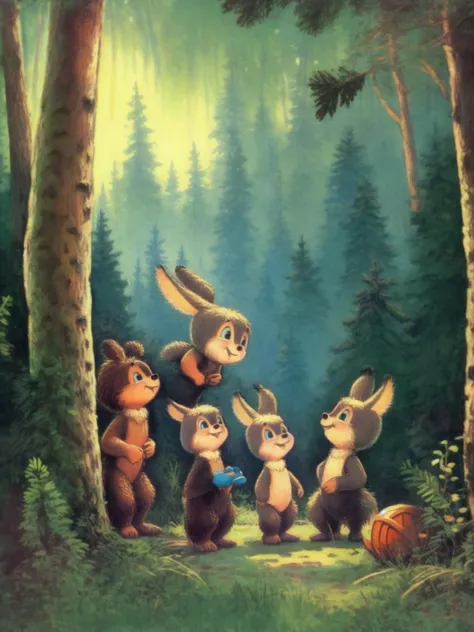 illustration, cartoon, soothing tones, calm colors, portrait of hobbits in the forest, beautiful hands, (posing:1.2), looking at the camera, (Style_zarubin:0.7), <lora:Style_ZAR_V2-10:0.95>