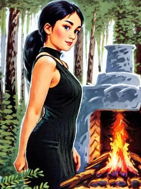 in the woods by the fire, European skinny face, blue eyes, black hair, sleeveless dress, (Style_zarubin:0.7), <lora:Style_ZAR_V2-10:0.95>