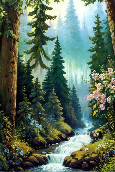 masterpiece,best quality,forest,<lora:Style_ZAR_V2:0.85>,river,flower,