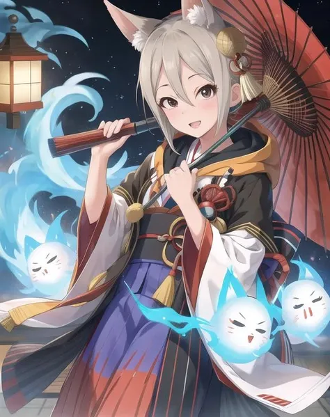 <lora:Shiomi_Shuuko-01:0.8>, Shiomi_Shuuko, 1girl, black eyes, blue_fire, candle, electricity, fire, flame, fox_ears, fox_tail, ghost, glowing, hat, hitodama, hood, japanese_clothes, kimono, lantern, looking_at_viewer, magic, oil-paper_umbrella, purple_fire, pyrokinesis, shiomi_syuko, smile, spirit, uchikake, umbrella, white_kimono, grey hair,