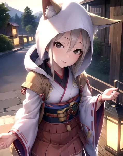 <lora:Shiomi_Shuuko:0.9>, Shiomi_Shuuko, cowboy shot, cinematic angle, 1girl, (black eyes:1.4), blue_fire, candle, fire, flame, breasts, medium breasts, fox ears, fox tail, ghost, glowing, hat, hood, japanese clothes, kimono, lantern, looking_at_viewer, magic, purple_fire, pyrokinesis, shiomi_syuko, smile, spirit, uchikake, white_kimono, grey hair,8k, (ultra-detailed eyes:1.1), ultra-detailed, extremely detailed CG, (masterpiece:1.1), (best quality:1.4), extremely detailed CG, (post processing:1.4), (extremety fine and beautiful:1.3), (soft illumination:1.0), (soft color:1.0), (soft volumetric lighting:1.1), (soft shadows)