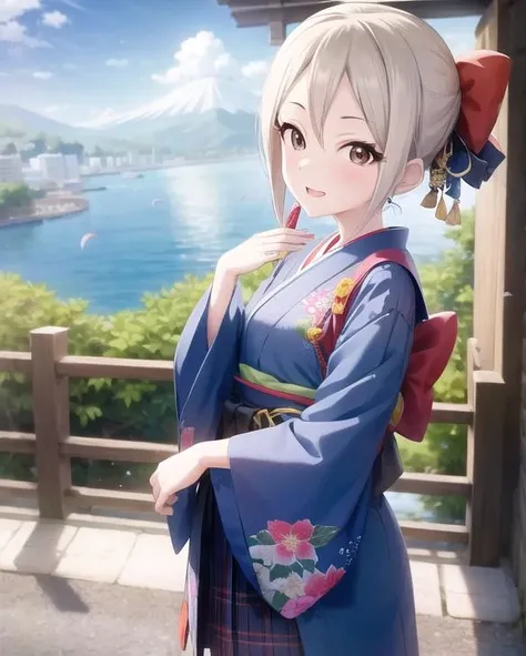 shiomi shuuko, 1girl, architecture, (medium breasts), bicycle, black_eyes, blue_sky, bow, branch, bridge, cherry_blossoms, cloud, day, earrings, east_asian_architecture, floral_print, flower, ground_vehicle, hair_bow, hakama, hakama_skirt, horizon, japanese_clothes, jewelry, kimono, lake, looking_at_viewer, meiji_schoolgirl_uniform, mount_fuji, mountain, ocean, open_mouth, outdoors, pavement, petals, petals_on_liquid, pond, pool, poolside, river, shiomi_syuko, short_hair, sky, smile, solo, tree, water, yagasuri, nsfw,<lora:Shiomi_Shuuko-02:0.8>