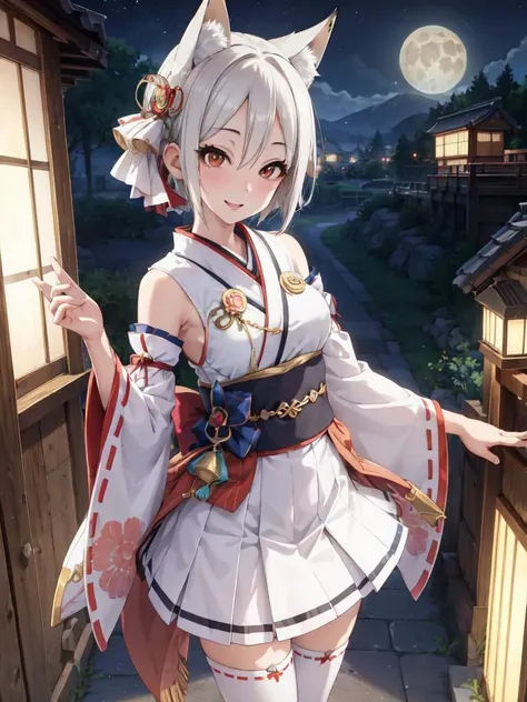 (best quality, masterpiece:1.2), ultra detailed, 1girl, <lora:Shiomi_Shuuko:0.9> , white hair, short hair, large breasts, smile,
japanese clothes, fox ears, thighhighs, detached sleeves, miniskirt,
standing, night, from above, japanese building, moon