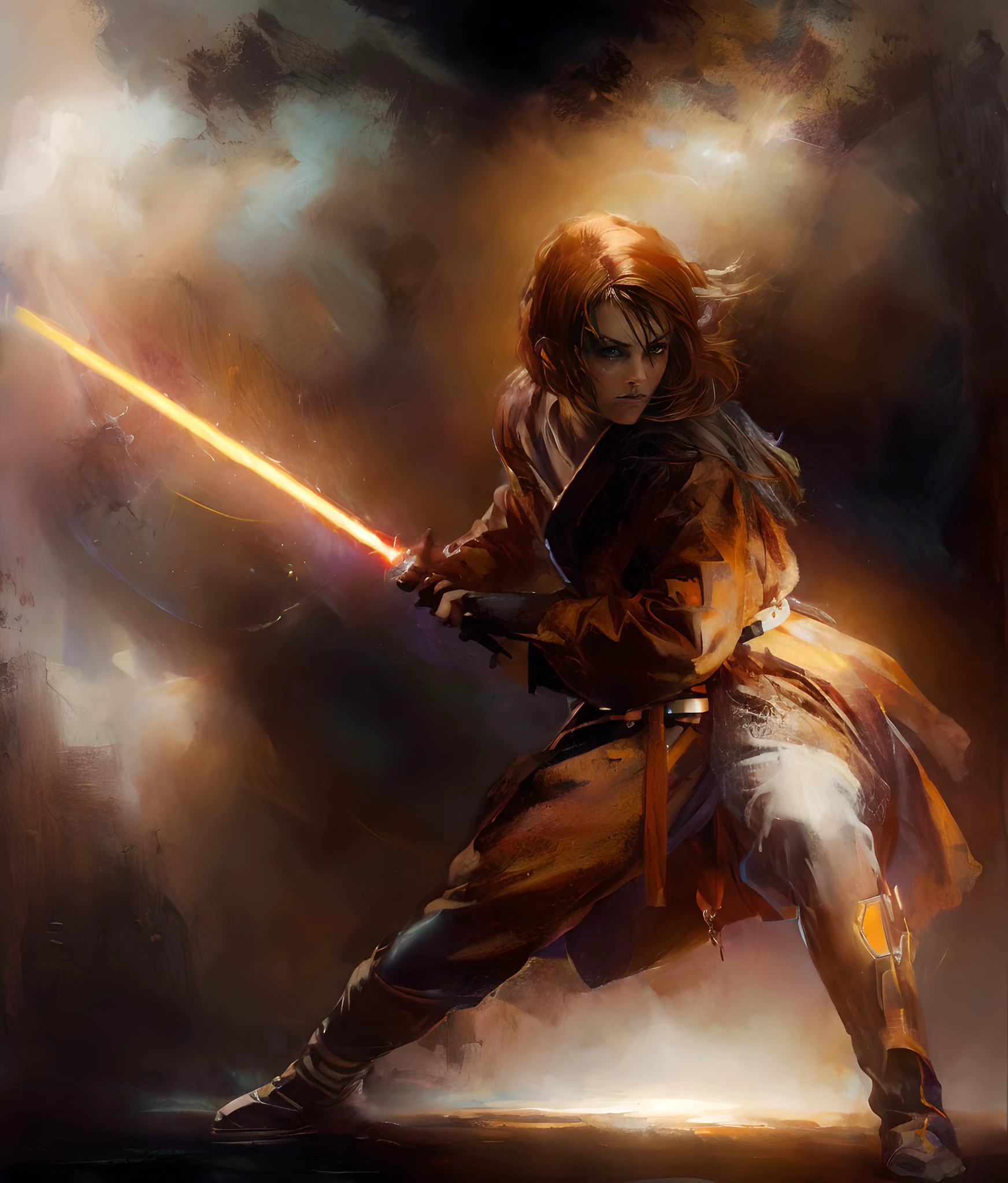 cinematic film still of painting of (a beautiful jedi with lightsaber:1.2) movement, dynamic pose, elegant, (perfect detailed face, perfect detailed body, perfect detailed eyes:1.5), , (long ginger hair:1.4) frowning eyebrows
(dark, empty red grunge background:1.5), rimlighting, uncluttered background,
epic atmosphere, realistic face, detailed mouth, detailed face, beautiful detailed eyes, , perfect body,
color HD photo, 85mm, (full body, high quality photo, masterpiece), HDR, 8K resolution, analogue RAW DSLR, best quality, , vivid vibrant colors, intricate detail, realistic human hands, , street lamp, glow,
(masterpiece) striking ground, wild field, dramatic lighting, otherworldly, best quality, oil painting, gloomy, fog, (epic art, , wind, action:1.5), darkness, total freedom, breath, , large wild spaces, dynamic, cinematic shot, (red dress, dark suit:1.3), (back lighting:1.4), (rim lighting:1.4) (wet ground, reflexions:1.3) (ring of fire:1.4) (arc of fire:1.4) black clothes, black gloves
<lora:add_detail:0.8>
<lora:backlight_slider_v10:-1.5>
1 <lora:goya2023:0.4> style, goya2023 style
2 <lora:haenraets:0.8> whaenraets
<lora:InfraBlackholeTech:0.8> inblackholetech, (excessive energy), scifi,
<lora:Barbara:1>
<lora:exposure_control_v10:0.5>, (red lightsaber:1.2), , shallow depth of field, vignette, highly detailed, high budget, bokeh, cinemascope, moody, epic, gorgeous, film grain, grainy