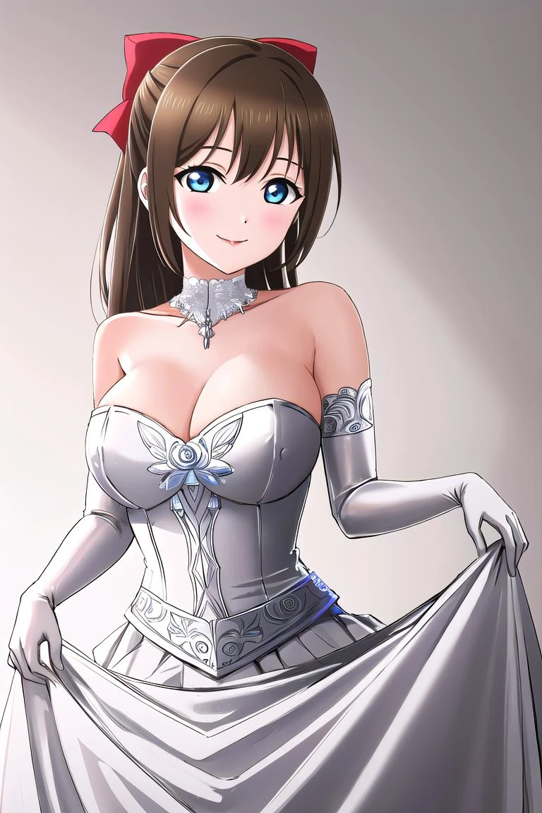<lora:GoodHands-beta2:0.333> <lora:exposure_control_v10:0.067>
(best quality:2.0), (highres:2.0), (perfect anatomy:1.4), (perfect lighting:1.4), (vivid color:1.4), (detailed face and eyes:1.2),
(1girl:1.2, solo:1.2), (upper body:1.2), standing,
(wedding princess dress:1.2), (White dress:1.2), strapless, (latex:1.3), (skirt hold:1.4), White elbow gloves,
(white background:1.3)
ADDCOMM
<lora:ShizukuLL_v1.2:0.267:0.267:lbw=LBW_LL> <lora:LLAS_v30:0.233:0.233:lbw=LBW_LLASV2> <lora:Lovelive:0.133:0.133:lbw=LBW_LoveliveV4> <lora:LessHighlightEyes:-0.133>
(best quality:2.0), (highres:2.0), (perfect anatomy:1.4), (perfect lighting:1.4), (vivid color:1.4), (detailed face and eyes:1.2),
(aged down:1.1), (big pupils:1.1), (Blue Eyes:1.3), (ousaka shizuku:1.2), (Dark Brown hair:1.1), (long hair:1.3), straight hair, (half updo:1.3), (hair bow in Red:1.3), (sidelocks:1.1), (red lips:1.3), huge breasts, narrow waist, blush, (closed mouth:1.4), smile, collarbone, bare shoulders,
(wedding princess dress:1.2), (White dress:1.2), strapless, (latex:1.3), (skirt hold:1.4), White elbow gloves
ADDROW
<lora:wedding:0.2> <lora:latex_huger_c7-1+76-1+64-4:0.2>
(best quality:2.0), (highres:2.0), (perfect anatomy:1.4), (perfect lighting:1.4), (vivid color:1.4), (detailed face and eyes:1.2),
huge breasts, (intricate details:0.7), covered nipples,
(wedding princess dress:1.2), (White dress:1.2), strapless, (latex:1.3), (skirt hold:1.4), White elbow gloves