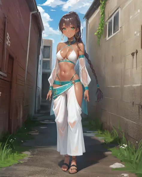 best quality, (masterpiece:1.2), illustration, absurdres, <lora:deluster2:-1>, <lora:hairdetailer:0.5>, <lora:boldline:-1>, <lora:flat2:0.7>, particles, sparkles,
(1girl), (solo), (beautiful detailed girl), cowboy shot,
<lora:SaaraDancer-000013:0.9>, Saara, green eyes, brown hair, long hair, braid, (multiple braids:1.1), ponytail, dark skin, dark-skinned female, medium breasts,
jewelry, hoop earrings, arabian dancer outfit, white harem pants, sandals,
gentle smile, shy, looking at viewer,
(brick wall:1.1), (graffiti:1.1), alleyway, alley, sky, clouds, run down buildings,