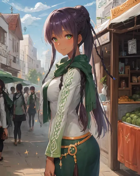 best quality, (masterpiece:1.2), illustration, absurdres, <lora:deluster2:-1>, <lora:hairdetailer:0.5>, <lora:boldline:-1>, <lora:flat2:0.7>, particles, sparkles,
(1girl), (solo), (beautiful detailed girl), cowboy shot,
<lora:SaaraCasual-000009:1>, Saara, green eyes, brown hair, long hair, braid, multiple braids, multiple braids, ponytail, dark skin, dark-skinned female, medium breasts,
green scarf, light green dress, (black leggings:1.1), brown shoes,
looking at viewer, smile, shy,
( middle east, middle eastern architecture:1.1), sky, sun, market stalls, bazaar, middle eastern market, (desert),