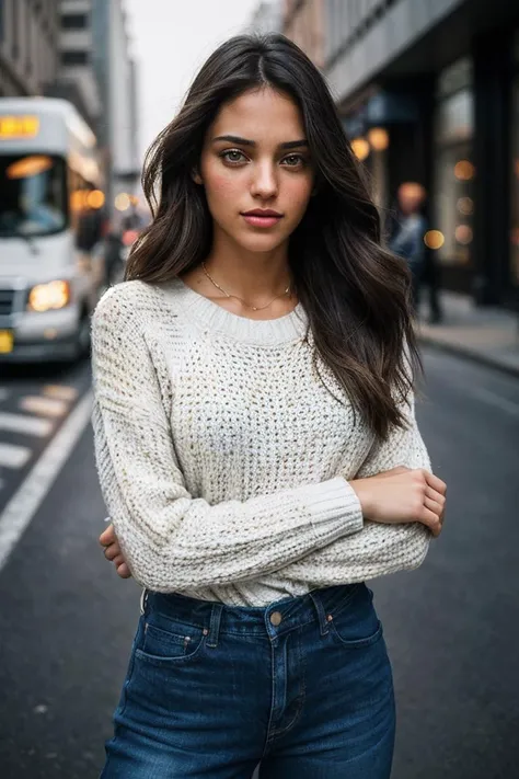 photo of beautiful (All1s0nSt0kk3-140:0.99), a woman, perfect hair, (modern photo), wearing a (long sleeved sweater:1.2) and jeans with jewelry, portrait, 85mm, (analog, cinematic, film grain:1.3), (AR City, Augmented reality city with interactive holograms, virtual storefronts, and immersive digital ads.), detailed eyes, professional pose, painted lips, (epiCPhoto), (looking at viewer:1.1), (cinematic shot:1.3), (natural lighting, lit from above), <lora:add_detail:0.5>