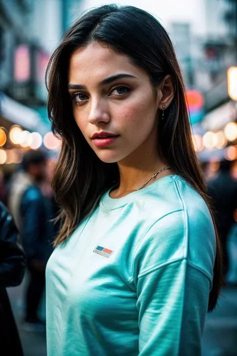 photo of beautiful (All1s0nSt0kk3-140:0.99), a woman, perfect hair, (modern photo), wearing a (crew neck sweatshirt:1.2) and long skirt with jewelry, portrait, 85mm, (analog, cinematic, film grain:1.3), (Cyberpunk Market, Bustling neon-lit market with augmented individuals, futuristic gadgets, and holographic ads.), detailed eyes, professional pose, painted lips, (epiCPhoto), (looking at viewer:1.1), (cinematic shot:1.3), (natural lighting, lit from above), <lora:add_detail:0.5>