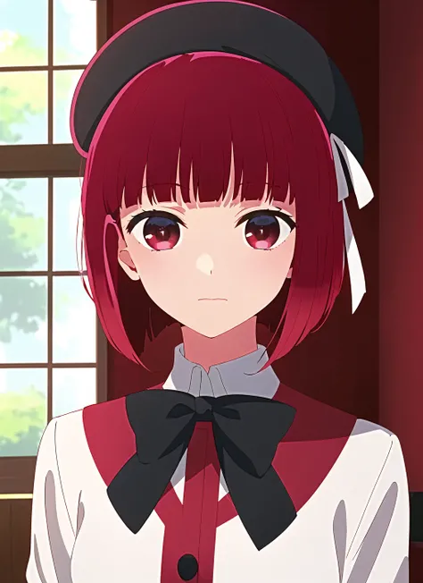 oshi no ko <lora:oshi_no_ko_offset:1>, 1girl, solo, hat, short hair, red hair, red eyes, ribbon, white ribbon, beret, bangs, looking at viewer, closed mouth, blurry, portrait, blunt bangs, blurry background, indoors, hair ribbon, bob cut, black headwear, virtual youtuber, expressionless, ((masterpiece))