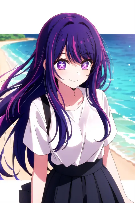 <lora:oshi_no_ko_offset:.7>, oshi no ko, hoshino ai, 1girl, symbol-shaped pupils, multicolored hair, long hair, streaked hair, looking at viewer, purple eyes, purple hair,beach, smiling, mouth closed, happy, pleated skirt, white shirt, black thighhigs, wind blowing hair, starry eyes, sunny, masterpiece, clear image, best quality, high detail, <lora:HoshinoAi_v9:.5> <lora:add_detail:.5>