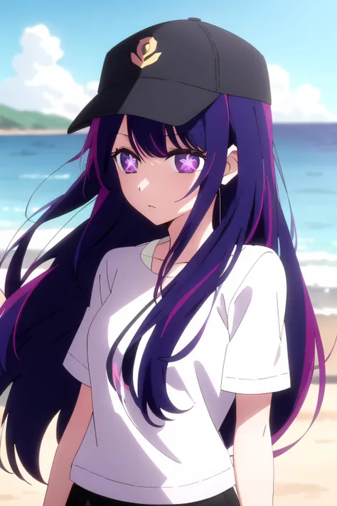<lora:oshi_no_ko_offset:.7>, oshi no ko, hoshino ai, 1girl, symbol-shaped pupils, multicolored hair, long hair, streaked hair, looking at viewer, purple eyes, purple hair,beach, wearing cap, black cap, wind blowing hair, sunny, masterpiece, clear image, best quality, high detail, <lora:HoshinoAi_v9:.5>