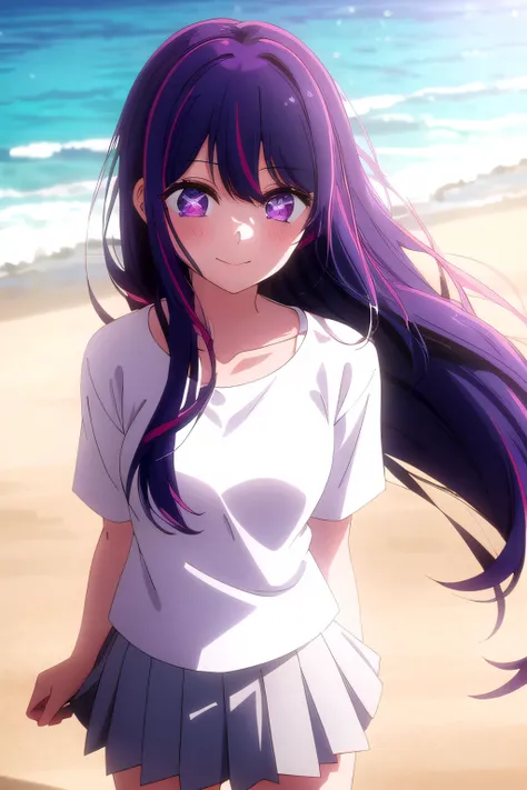 Anime girl with long hair and purple eyes, a picture inspired by Puru, Tumbler, conceptual art, Anime Best Girl, anime moe art style, closeup Iwakura Lain, Anime visuals of cute girls, Anime girl named Lucy, iwakura lain, Still from TV anime, anime still image, (Anime Girl)、(((the beach)))、A smile、Open your mouth、Ai Hoshino、(((The bikini)))