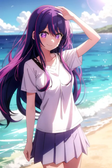 <lora:oshi_no_ko_offset:.7>, oshi no ko, hoshino ai, 1girl, symbol-shaped pupils, multicolored hair, long hair, streaked hair, looking at viewer, purple eyes, purple hair,beach, smiling, mouth closed, happy, pleated skirt, white shirt, black thighhigs, wind blowing hair, starry eyes, sunny, masterpiece, clear image, best quality, high detail, <lora:HoshinoAi_v9:.5> <lora:add_detail:.5>