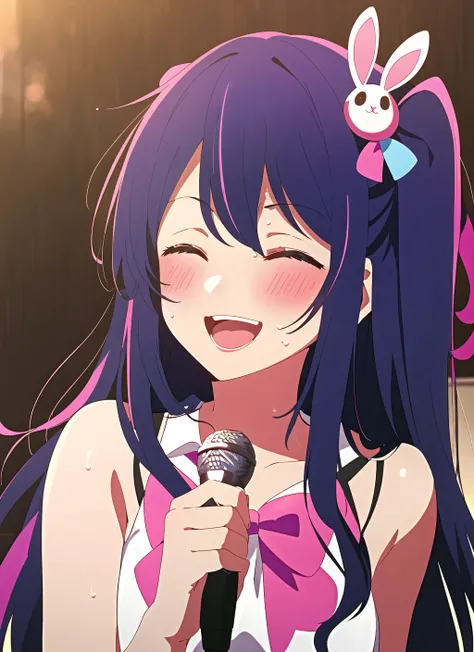 oshi no ko <lora:oshi_no_ko_offset:1>, 1girl, virtual youtuber, closed eyes, microphone, solo, holding, multicolored hair, holding microphone, smile, long hair, blush, singing, sweat, music, collarbone, hair ornament, streaked hair, open mouth, rabbit hair ornament, bangs, purple hair, bow, portrait, black hair, ^ ^, one side up, hair bow, pink hair, red bow, ((masterpiece))