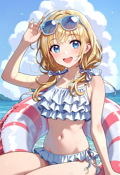 score_9, score_8_up, score_7_up, <lora:PDFA_Style8356194477-000450:1>, 1girl, blush, smile, looking at viewer, swimsuit, :d, arm up, beach, bikini, blonde hair, blue eyes, blue sky, breasts, cloud, day, eyewear on head, frilled bikini, frills, hands up, innertube, long hair, low twintails, medium breasts, navel, ocean, open mouth, outdoors, shirt, side-tie bikini bottom, sitting, sky, solo, stomach, twintails, wariza, white bikini, white ribbon, white shirt,