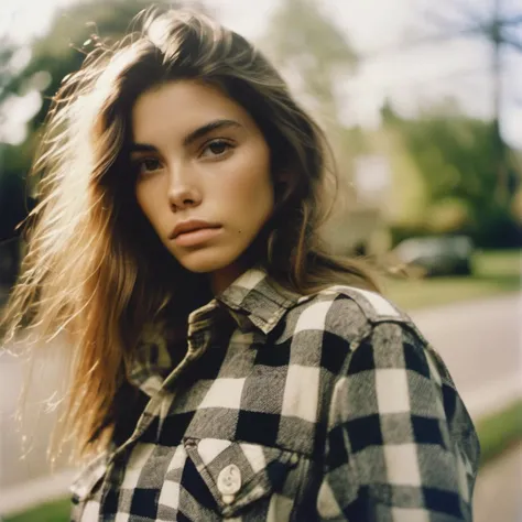 <lora:cindymello_xl_lora:1> cindymello analog film photo close up, beautiful woman posing, ripped jeans and checkered shirt, cute look, perfect eyes, faded film, desaturated, 35mm photo, grainy, vignette, vintage, Kodachrome, Lomography, stained, highly detailed, found footage, f1.2 50mm