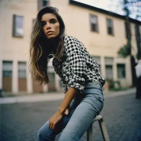 <lora:cindymello_xl_lora:1> cindymello analog film photo close up, beautiful woman posing, ripped jeans and checkered shirt, cute look, perfect eyes, faded film, desaturated, 35mm photo, grainy, vignette, vintage, Kodachrome, Lomography, stained, highly detailed, found footage, f1.2 50mm