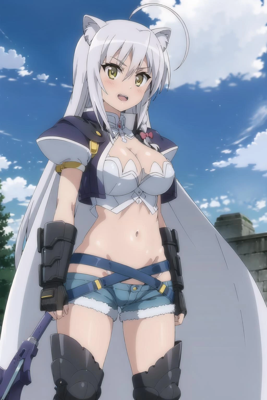 leonmitchelli, 1girl, solo,breasts, bustier, shorts, cleavage, navel, underwear, panties, gloves, armor, fingerless_gloves, midriff, open_mouth, blue_shorts, cloud, highleg_panties, denim_shorts, short_shorts, denim, cape, cloudy_sky, thong, gauntlets, highleg, sky, bow, clenched_hands, cosplay, looking_at_viewer, outdoors, thighs, fangs, belt, puffy_sleeves, anime_coloring, white_panties, night, cutoffs