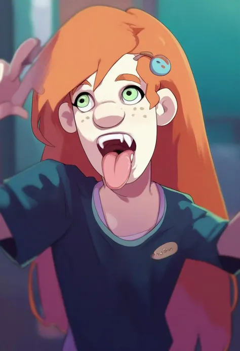 source_cartoon, rating_explicit, <lora:YellowgerbilSDXL_pony:1> yellowgerbil, 1girl, solo, open mouth, green eyes, tongue, long hair, hair ornament, orange hair, shirt, meme, tongue out, blurry background, freckles, parody, upper body, scene reference, teeth, fangs, score_9, score_8_up, score_7_up, score_6_up, score_5_up, score_4_up