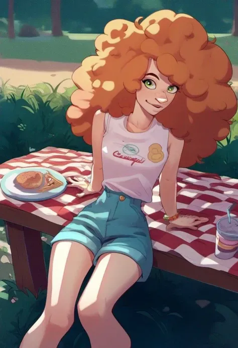 source_cartoon, rating_safe,  <lora:YellowgerbilSDXL_pony:0.8> yellowgerbil, 1girl, solo, Sara Bellum from powerpuff girls, sitting at a picnic table on a sunny day, score_9, score_8_up, score_7_up, score_6_up, score_5_up, score_4_up