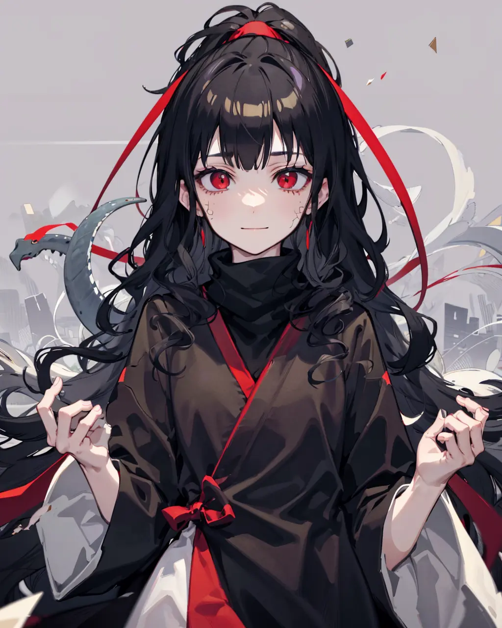 1girl,solo,standing, azami \(kagerou project\), <lora:AzamiV1:1>,scales, upper body, red eyes, light smile, closed mouth, snake,