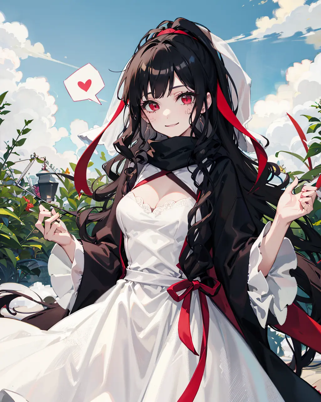1girl,solo,standing, azami \(kagerou project\), <lora:AzamiV1:0.85>,scales,((wedding dress)), cleavage, light smile, spoken heart, garden,outdoors, cowboy shot,