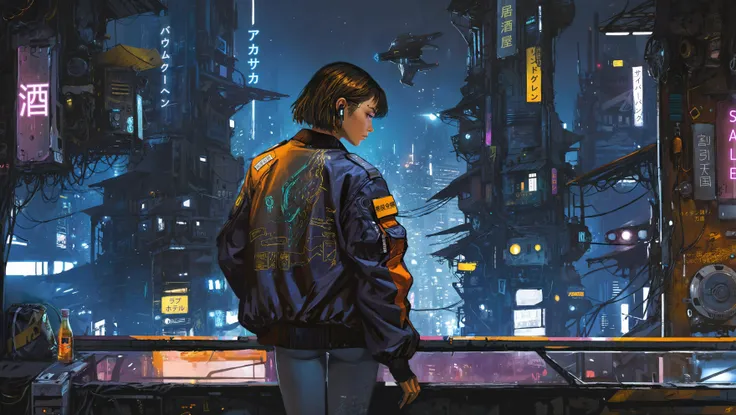 (best quality), ((masterpiece)), (highres), illustration, extremely detailed, solo, 1girl, bomber jacket, poor, cyberpunk, mechanical parts, shop, dark, beautiful, futuristic night city,