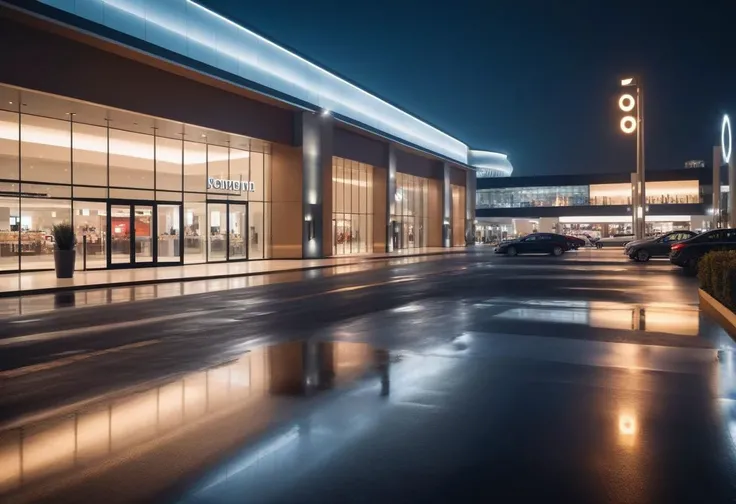 cinematic film still photo ,modern architectural design of shopping mall, broad lighting ,((a modern shopping mall exterior design)) ,night time ,cars, pedesterian,wet asphalt ,long camera exposure,(masterpiece, best quality), over shoulder view, photorealistic, 8k,,bokeh, cinemascope, moody, epic, gorgeous, film grain, grainy