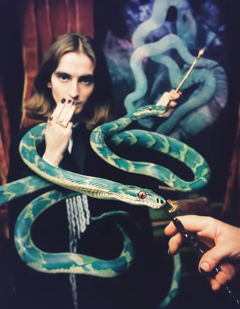 conceptual hyperaesthetic analog photo portrait, (giant ghost transparent snake raised by dark magic), claws, snake tongue, hogwarts background, magic wand, looking at viewer, dynamic pose, snake focus, film grain, colorful polaroid, 1990s VHS cover, wriggling snake, scales
