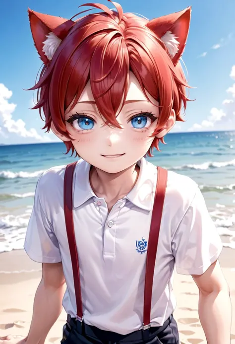 <lora:Aki_epoch_13:0.6>, (1boy:1.2), beach, smile, ( crimson cat ears:1.4), (red ears), male face, male body, more details in eyes, (very short hair:1.2), hair between eyes, cute, adorable boy, cute face, detailed face, handsome, young, juvenile, white skin, eyeshadow, crew cut, crimson hair, details sky, looking at viewer, blush, blue eyes, full shot, red suspenders, (pants), (white polo shirt), aki,petite,
(masterpiece:1.2), best quality, high resolution, unity 8k wallpaper, (illustration:0.8), (beautiful detailed eyes:1.6), extremely detailed face, perfect lighting, extremely detailed CG, (perfect anatomy),