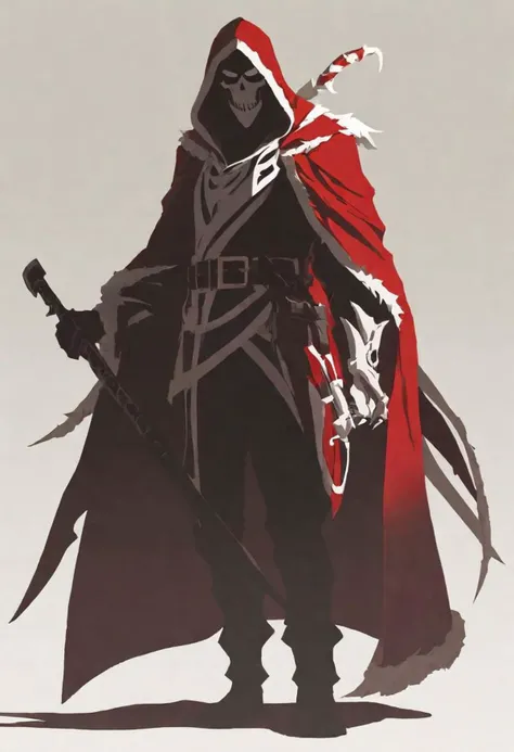 breathtaking anime artwork silhouette style concept art The fusion of the stylish Reaper and the jolly Santa Claus into a single being, known as 'Reaper Claus'. This unique character combines elements of both the Reaper and Santa Claus in a harmonious and creative manner. Reaper Claus wears a cloak that blends the dark, sleek style of the Reaper with the festive red and white of Santa's suit. The cloak could have elegant, modern lines infused with traditional holiday patterns. In one hand, Reaper Claus holds a scythe that is now decorated with festive ornaments or colors, while in the other, a bag of gifts. The character exudes a balanced aura of mystery and cheerfulness. The background is a fusion of a wintry holiday landscape and the ethereal, darker realm of the Reaper, symbolizing the blend of both worlds. . digital artwork, illustrative, painterly, matte painting, highly detailed . high contrast, minimalistic, black and white, stark, dramatic . anime style, key visual, vibrant, studio anime, highly detailed . award-winning, professional, highly detailed