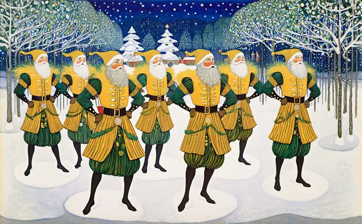 Idyllic, In a whimsical winter wonderland, the (Mistletoe Mercenaries:1.2), an elite band of joyful (yellow warriors:1.3), are poised in a frosted clearing. Their armor twinkles with a blend of holly green and snowflake silver, reflecting the festive spirit of their mission. Each mercenary wields a unique weapon crafted from mistletoe and winterberries, imbued with the magic of Yuletide. Their faces, hidden behind masks shaped like Christmas ornaments, reveal only their eyes, sparkling with mischievous glee. Amidst the snow-covered pines, they playfully engage in mock battles, their movements as graceful as a dance, leaving trails of shimmering frost in their wake. The scene is a captivating mix of battle readiness and holiday cheer, a playful juxtaposition of martial prowess and festive joy, art by Gustav Klimt. <lora:Gustav_Klimt_XL_kk-000009:0.8> klimt, peaceful, happy, pleasant, happy, harmonious, picturesque, charming