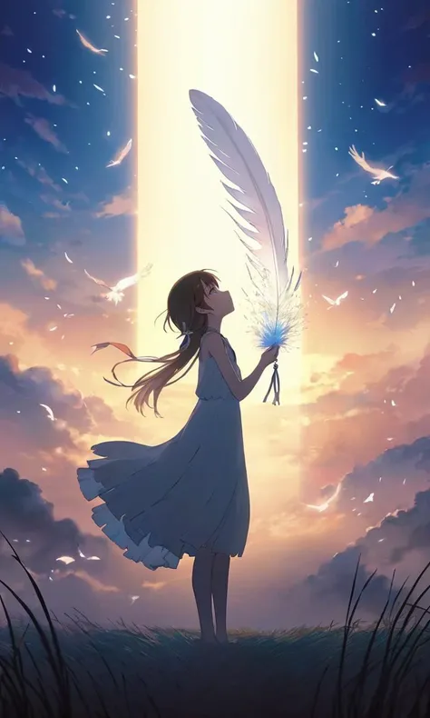 1girl, solo, masterpiece, anime artwork, <lora:add-detail-xl:0.6>, anime artwork of a"A single feather falls, an ethereal gift from the sky, carrying the weight of unspoken dreams.", soft focus, Hopeless