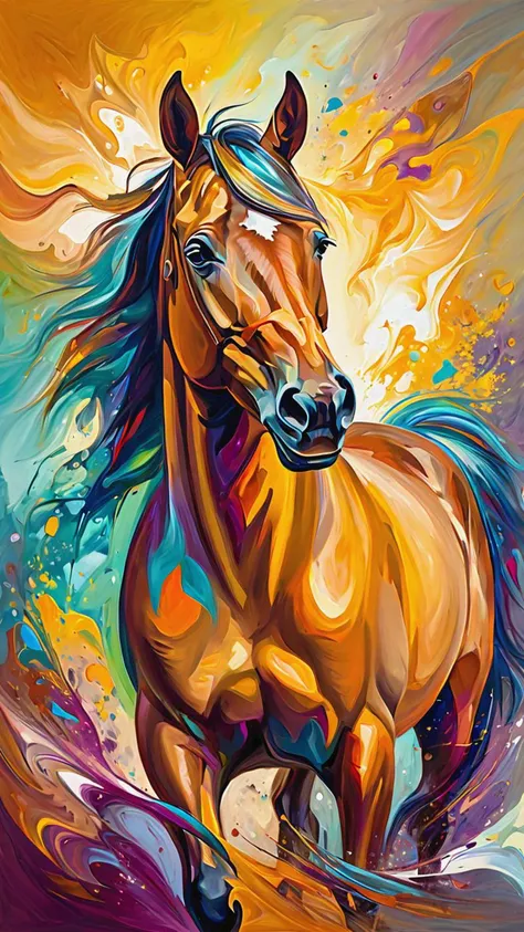 abstract expressionist painting of an award-winning photo of an (horse), hyperrealistic, energetic brushwork, bold colors, abstract forms, expressive, emotional, sharp focus, fractal, colorful, sharp focus, depth of field, best quality, 16k resolution, Raw photo, realistic, cinematic lighting, soft shadows, sharp focus, fractal, colorful, depth of field, best quality, 16k resolution,, <lora:add-detail-xl:1>