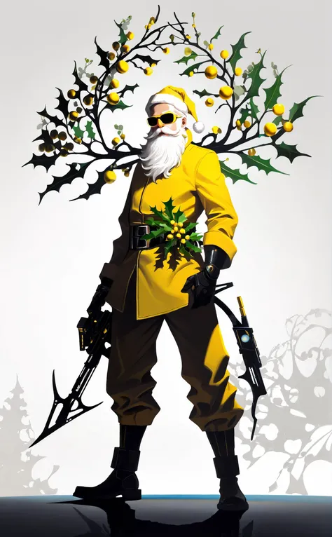 biomechanical style Whimsical and Playful, Silhouette Art, (masterpiece, best quality, hires, high resolution:1.2),(extremely detailed, realistic, intricate details, highres),1boy,solo,white hair,white long beard,(yellow santa claus:1.5),eyeliner,eyeshadow,eyelashes, (weaponized mercenary:1.3), (mistletoe:1.5), muscular, head toward the camera,winter,(cinematic lighting, volumetric),looking at viewer, high contrast, well defined, Silhouette Art, imaginative, fantastical, bight colors, stylized, happy, Whimsical and Playful . blend of organic and mechanical elements, futuristic, cybernetic, detailed, intricate