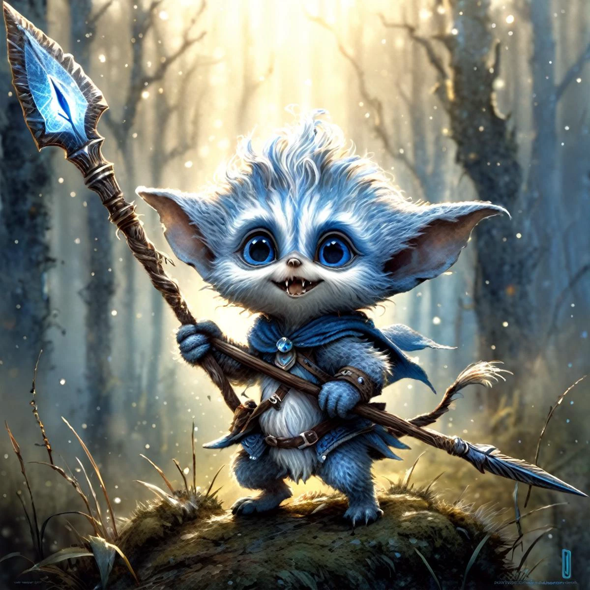 illustration of a little magical cute forest creature. The creature IS holding a spear. fantasy art, intricate details, style Jean - Baptiste Monge, style Alan Lee, atmospheric particles, raw cinematic photorealism, blue eyes<lora:add_detail:1.0>