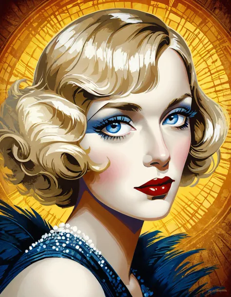 A 1920s femme fatale Jazz style, close-up portrait of striking Gatsby style, blond wave hair, perfect blue eyes, beautiful face, highly detailed, inspired by Rolf Armstrong, Margaret Keane, Paul Poiret, Pino Daeni, Jacob Lawrence, perfect composition, beautiful light, beautiful colors, vintage