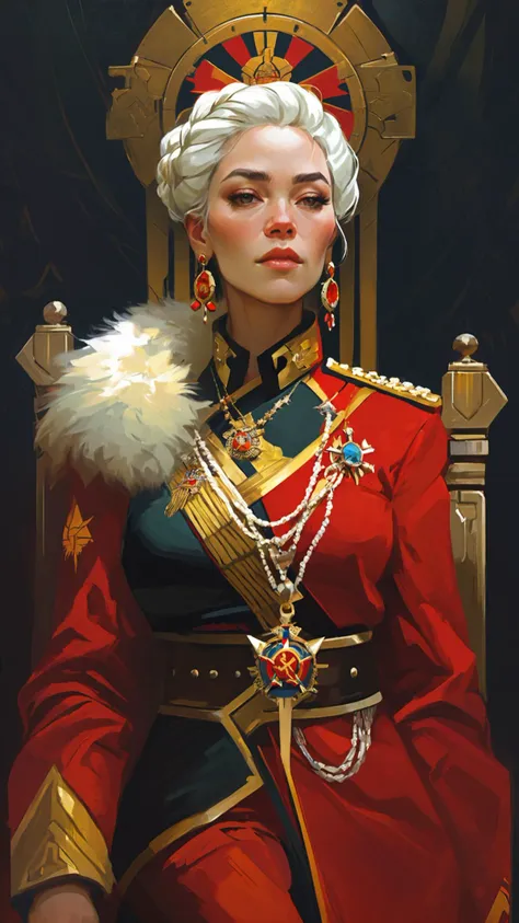 (regal military portrait of a female communist commander, painting:1.2), (woman:1.4), white braided hair, posing, (imposing:1.2), Imperial , military, gold trim , red black and gold coat, fur neck, jewelry, communist throne room, office, russian, dark background, cross earrings, belts, (female:1.3), (Cedric Peyravernay:1.1)(greg rutkowski, loish, rads, beeple, makoto shinkai and lois van baerle, ilya kuvshinov, rossdraws, tom bagshaw, alphonse mucha:1),
BREAK,
graphic design, digital painting, artstation, concept art, skin imperfections, clear focus, illustration, global lighting, detailed and complex environment, fantasy