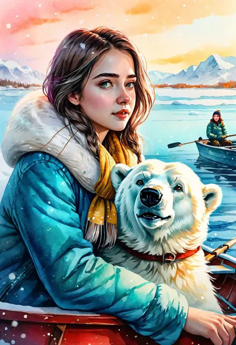 close-up, portrait, (Masterpiece), 8k, UHD, RGB, HDR, Best Quality, Digital Art, Cinematic Quality, Movie Story, Portrait, Art, Realistic Art, Digital Illustration, Vivid Colors, Watercolor, Oil Paints, Alcohol Inks, art, colorful winter painting of a girl and her polar bear fishing in a boat, textured fabrics, pastel, whimsical, vintage, sunlight Anna Razumovskaya, Gabriele Dell'otto, Luis Royo, Frank Frazetta, Fabian Perez,