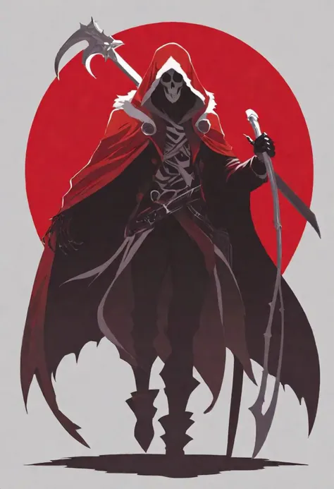 breathtaking anime artwork silhouette style concept art The fusion of the stylish Reaper and the jolly Santa Claus into a single being, known as 'Reaper Claus'. This unique character combines elements of both the Reaper and Santa Claus in a harmonious and creative manner. Reaper Claus wears a cloak that blends the dark, sleek style of the Reaper with the festive red and white of Santa's suit. The cloak could have elegant, modern lines infused with traditional holiday patterns. In one hand, Reaper Claus holds a scythe that is now decorated with festive ornaments or colors, while in the other, a bag of gifts. The character exudes a balanced aura of mystery and cheerfulness. The background is a fusion of a wintry holiday landscape and the ethereal, darker realm of the Reaper, symbolizing the blend of both worlds. . digital artwork, illustrative, painterly, matte painting, highly detailed . high contrast, minimalistic, black and white, stark, dramatic . anime style, key visual, vibrant, studio anime, highly detailed . award-winning, professional, highly detailed