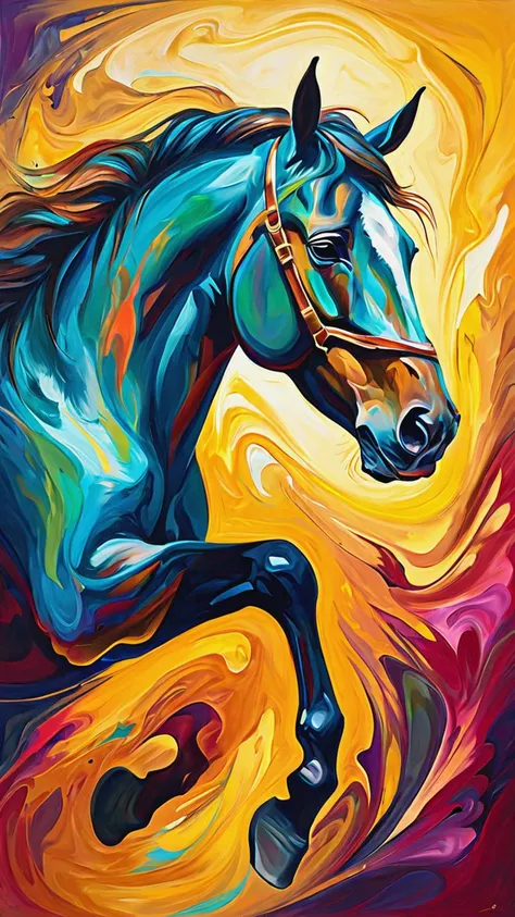 abstract expressionist painting of an award-winning photo of an (horse), hyperrealistic, energetic brushwork, bold colors, abstract forms, expressive, emotional, sharp focus, fractal, colorful, sharp focus, depth of field, best quality, 16k resolution, Raw photo, realistic, cinematic lighting, soft shadows, sharp focus, fractal, colorful, depth of field, best quality, 16k resolution,, <lora:add-detail-xl:1>